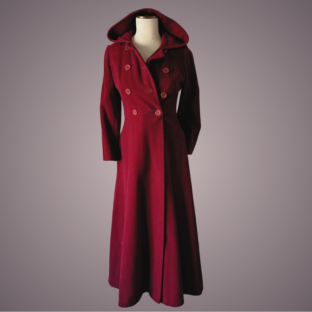 🔥SOLD🔥VINTAGE Union Made Deep Red Hooded Wool Double Breasted Coat